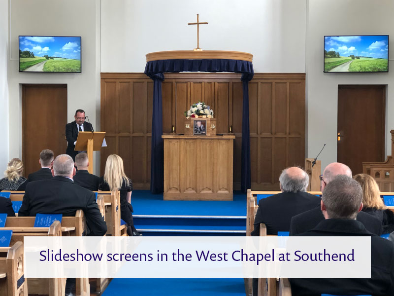 funeral service in a blue carpeted room